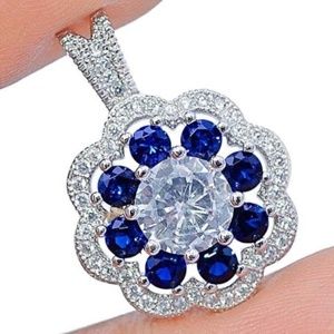 2CT Blue Sapphire & White Topaz 925 Silver Pendant